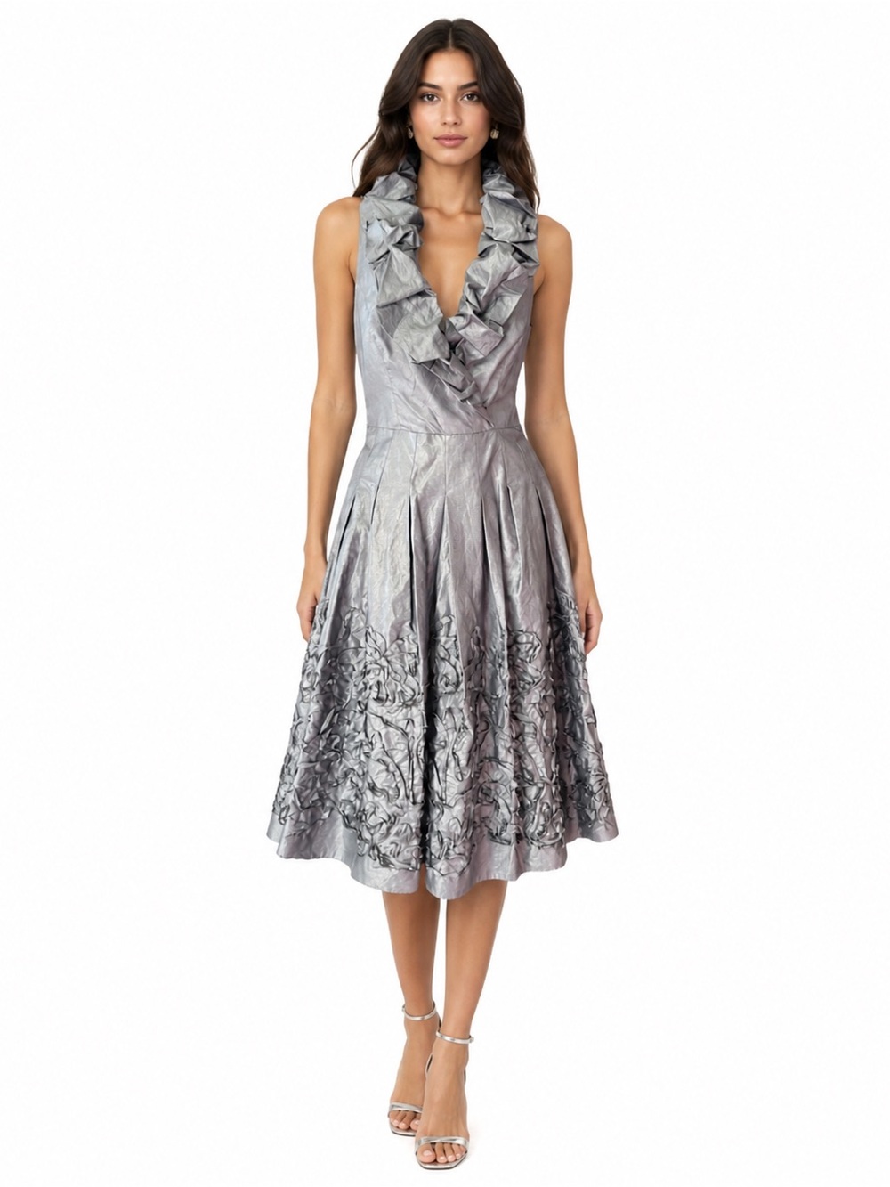 Adrianna Papell Blue Iridescent Ruffle Collar Midi Dress Size 6 Wedding Guest